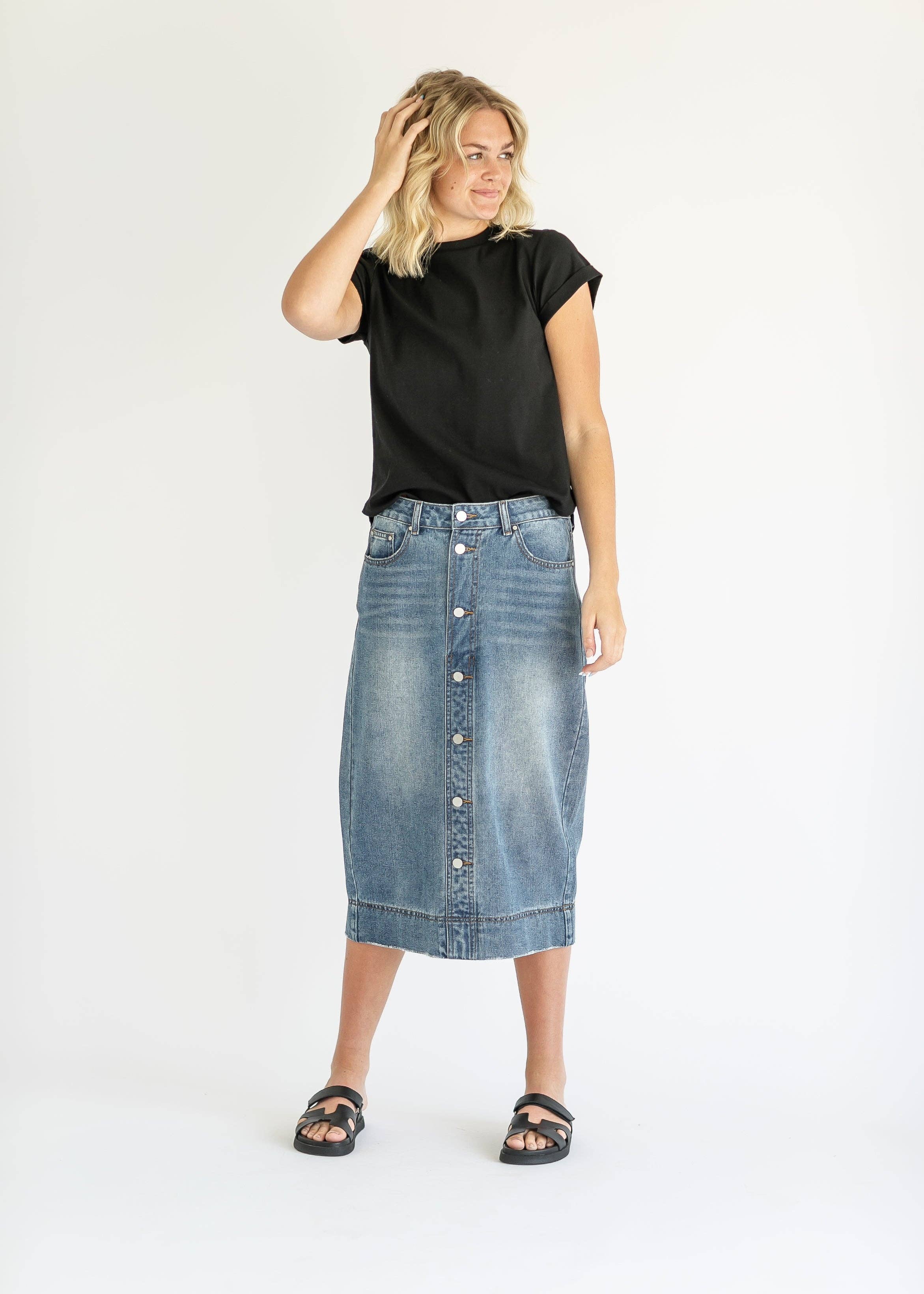 Inherit Clothing Company - Wholesale Skirt - Women's - Skylar Button Front Midi Denim Skirt6