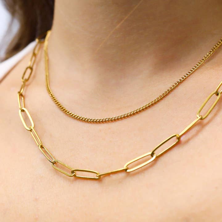 WJW - Wholesale Link & Chain Necklace - 18K Gold PVD Stainless Steel Dainty Curb and Paperclip Layered Chain Necklace3