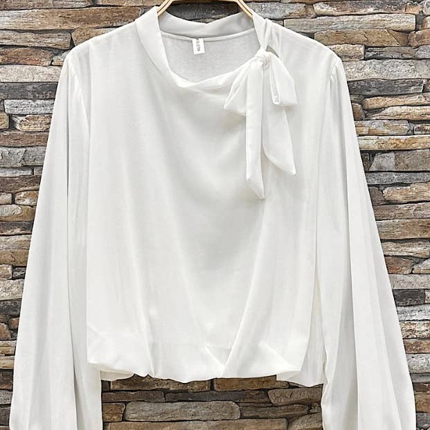 E841 Italian Classic White Bow-Tie Blouse LOOWIE for wholesale by LOOWIE