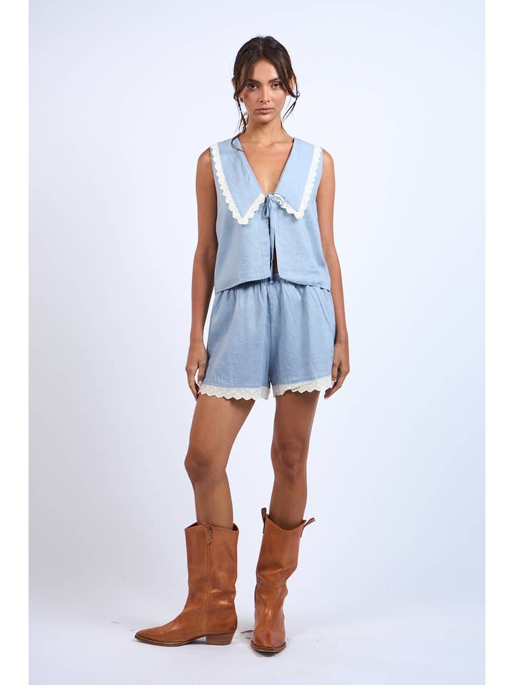 Sky to Moon - Wholesale Top & Short Set (NOT Loungewear) - Women's - WIDE COLLARED FRONT TIE LACE TRIM TOP & SHORTS SET14