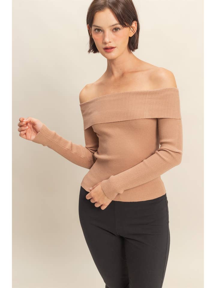 Foldover Neck Off The Shoulder Ribbed Knit Top for wholesale by HYFVE
