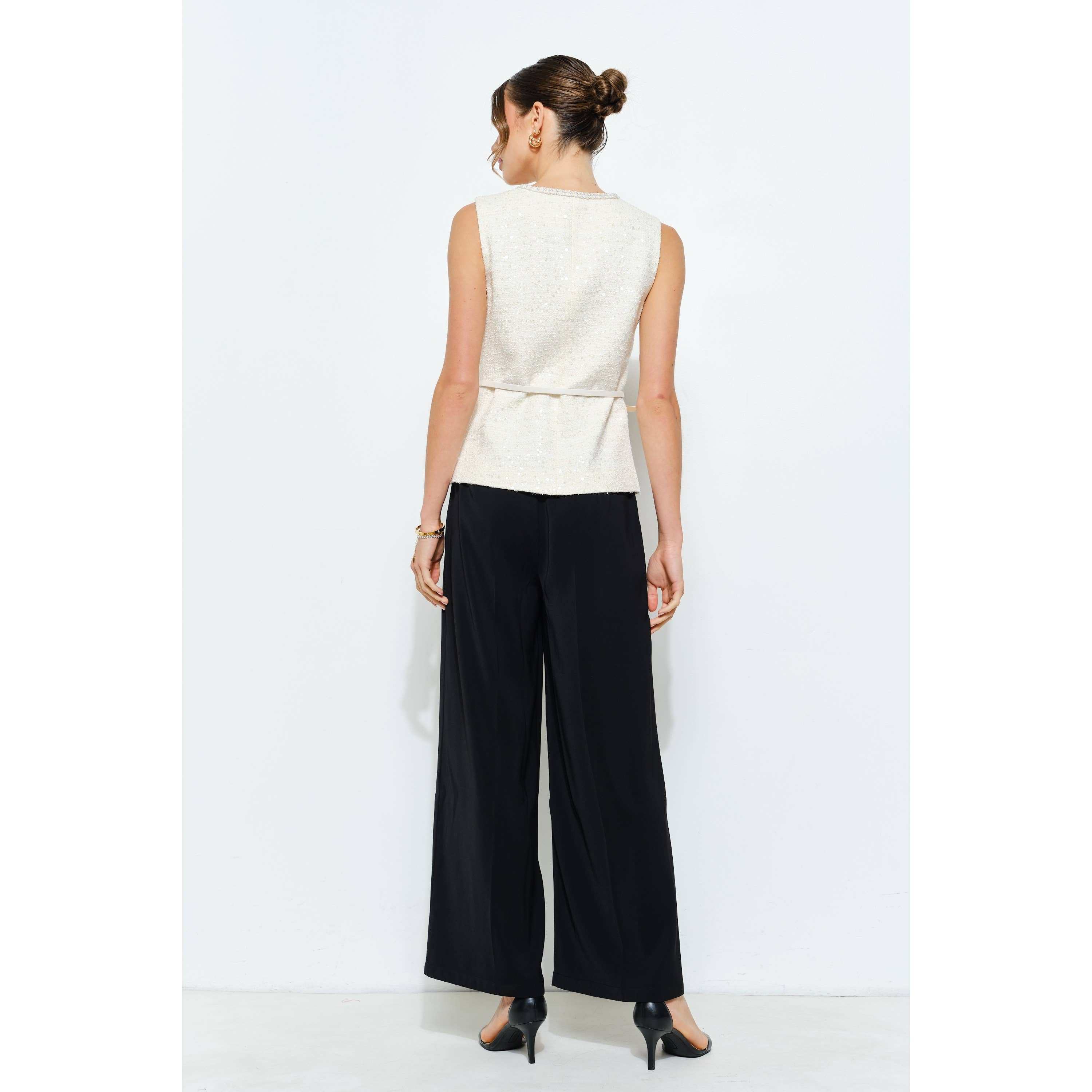 INA - Vente Veste – femme - Haut sans manches en tweed à sequins ceinturé6