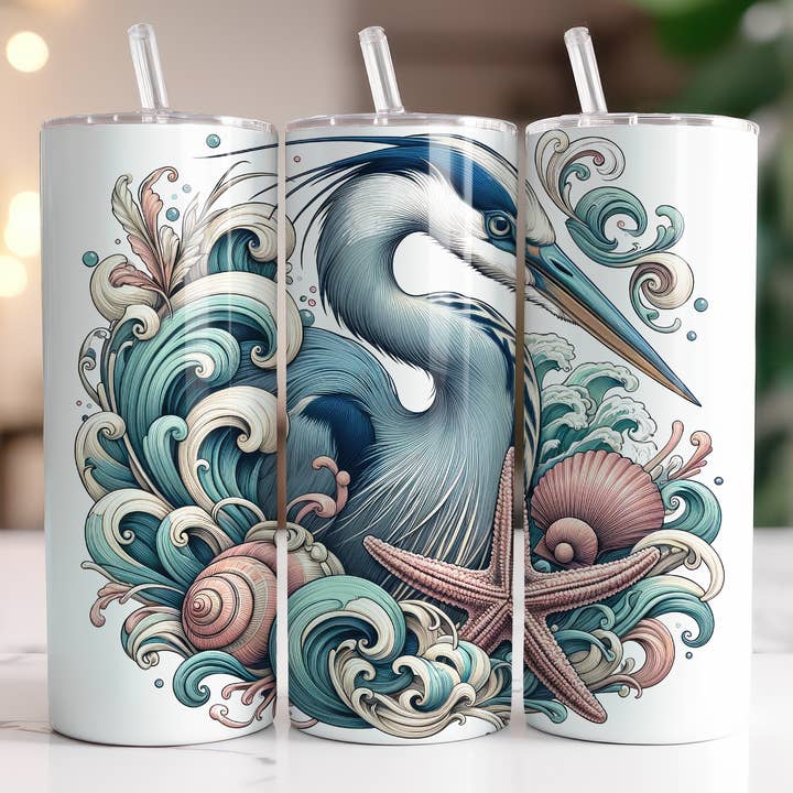 Bicchiere sottile Blue Heron Waves Beach Ocean 20oz per la vendita all'ingrosso da parte di Dogwood Graphics & Design