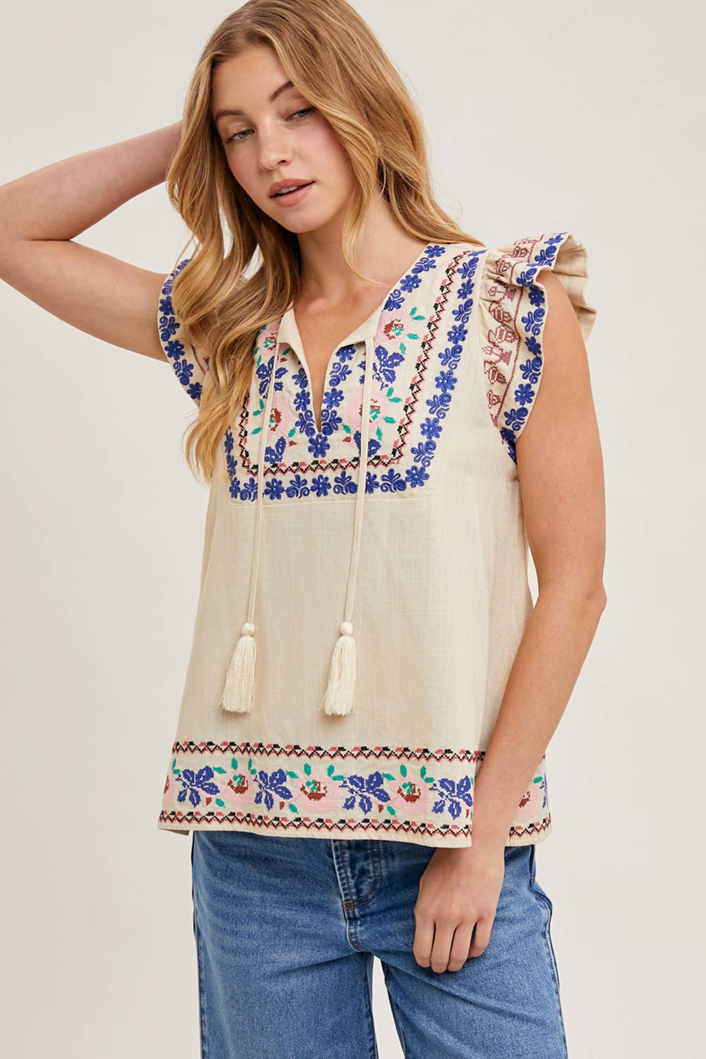 Bluivy - Wholesale Top - Maternity - BOHO EMBROIDERED RUFFLED SLEEVE DRAWSTRING TOP13