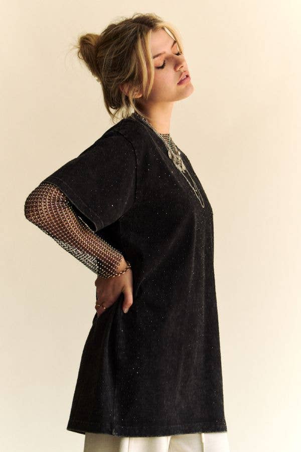 Davi & Dani – wholesale T-shirt (utan tryck) – Dam – GLITTER MÖNSTER KORTÄRMAD RUND HALS TOPP2