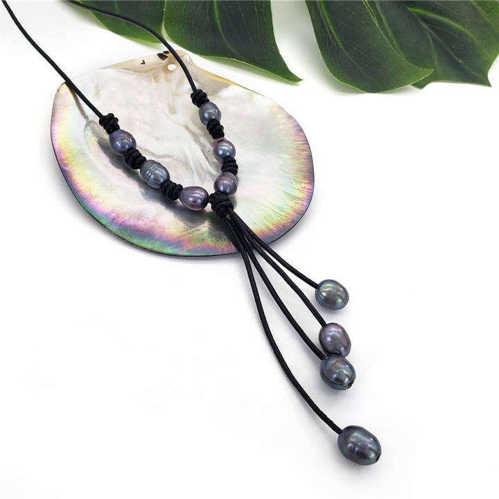 S&T Collections - Wholesale Beaded/pearl necklace - Tahitian Black Pearls Semi-Baroque Leather Necklace7