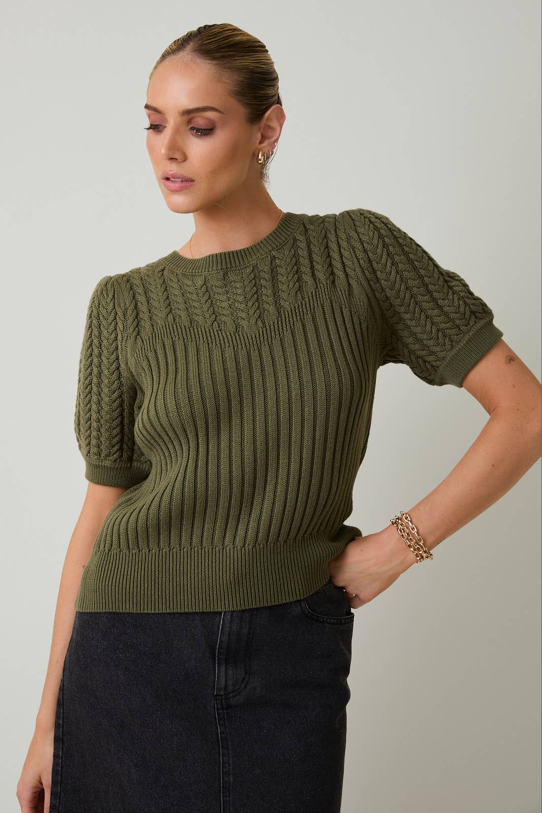 Sunday Edition by LE LIS - Wholesale Knit Sweater - Women's - ROUND NECK PUFF SHORT SLEEVE CABLE SWEATER7