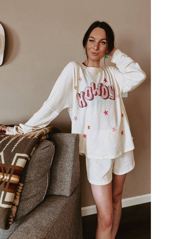 Set met korte loungebroeken met Howdy print voor wholesale door MintChoco
