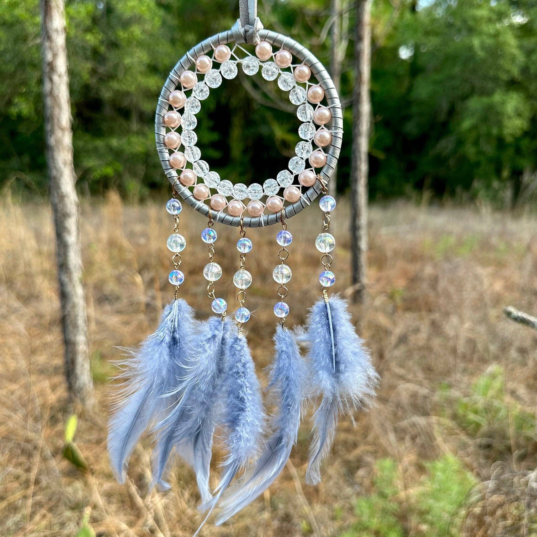 Guzel Handcrafts - Wholesale Dream Catcher - Grey Circle Round Dreamcatcher with Grey Feathers -- Rearview Mirror Hanging or Wall Hanging1