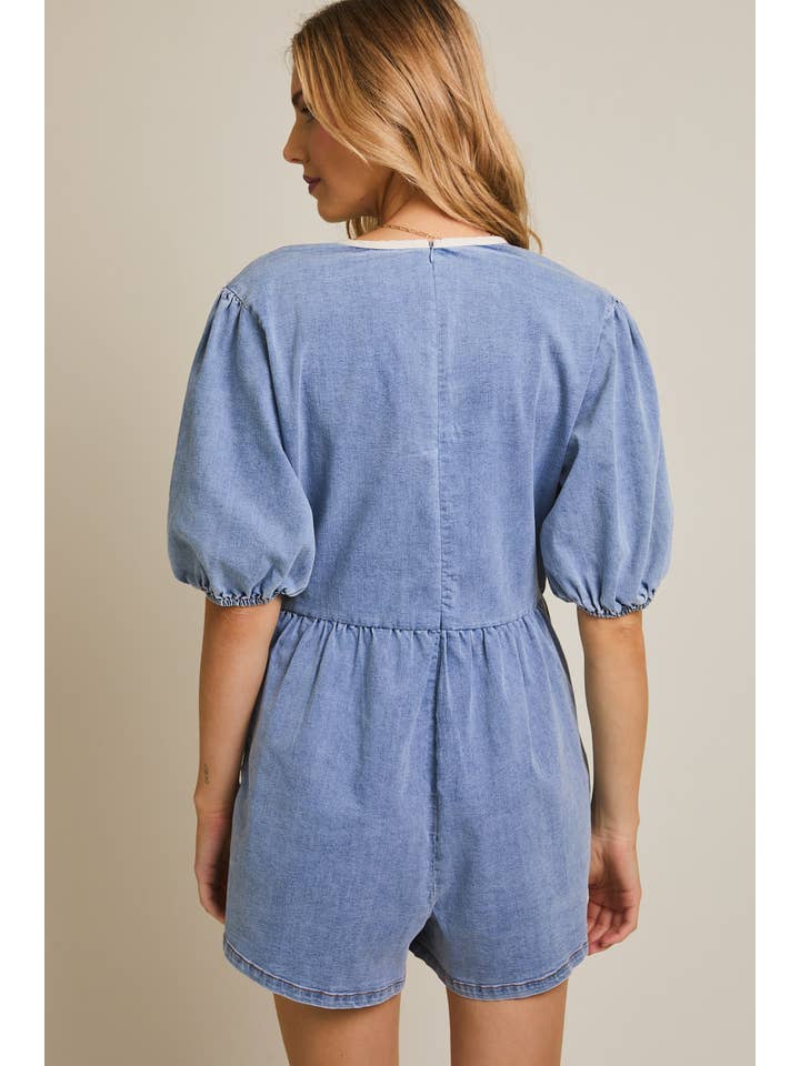 FRONT TIE PUFF HALF SLEEVE DENIM ROMPER for wholesale on Faire