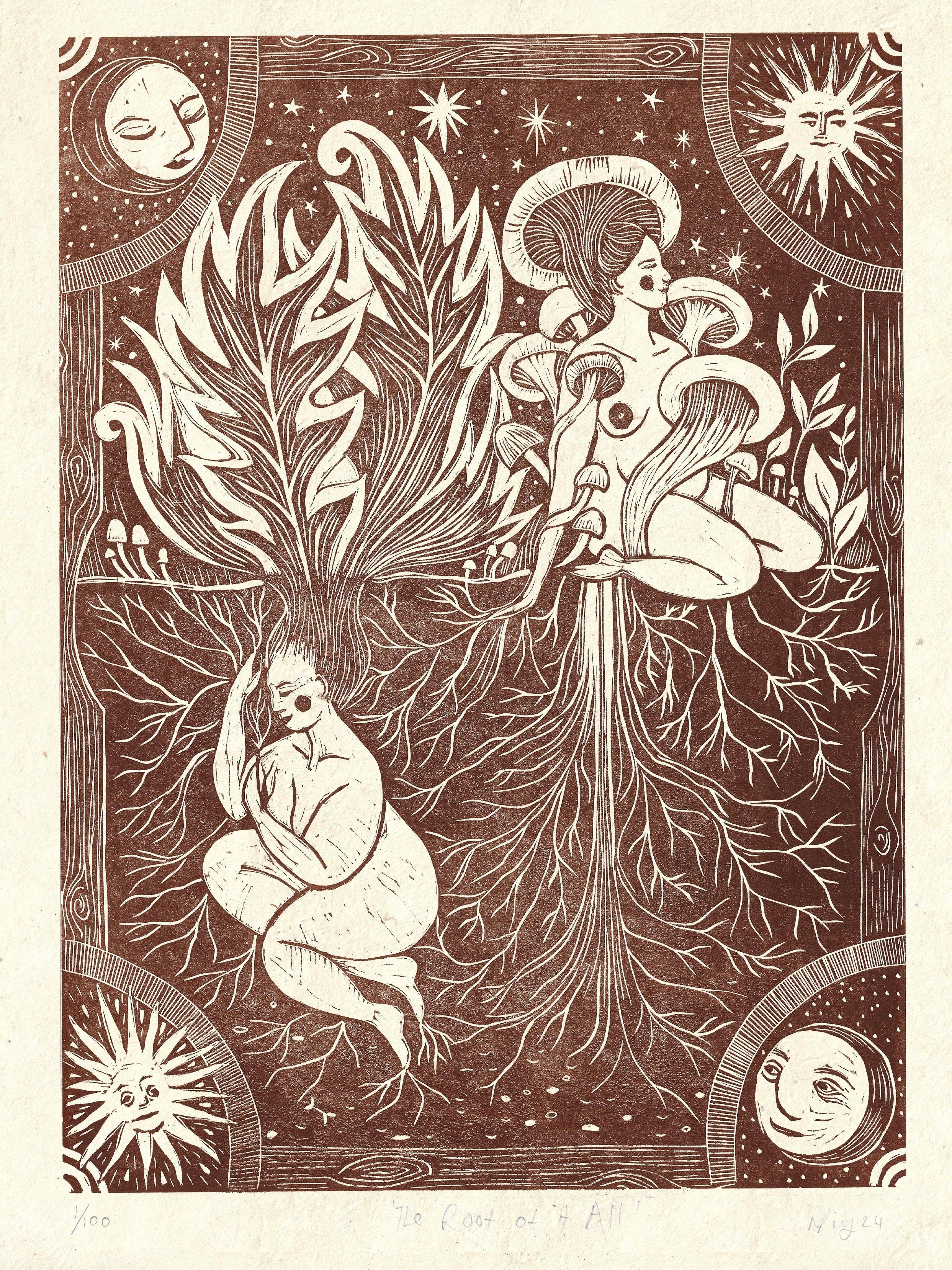 Prints by the Bay - Wholesale Everyday Greeting Card - The Root of it All card, folklore, mushroom, mycelium, myth1