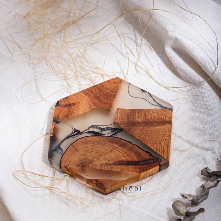 One Hexagon shaped Wooden Resin Coaster (11CM, Hexagon) for wholesale by Gohobi (We cover U.S. import duties)