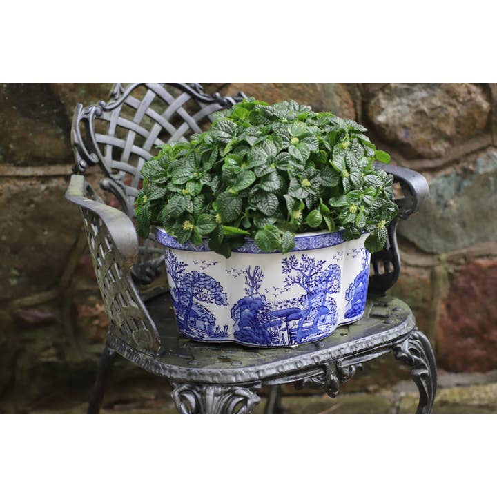 Euro Ceramica | ClayBarnHome - Wholesale Plant Pot - Blue and White Landscape 13.25" Oval Planter