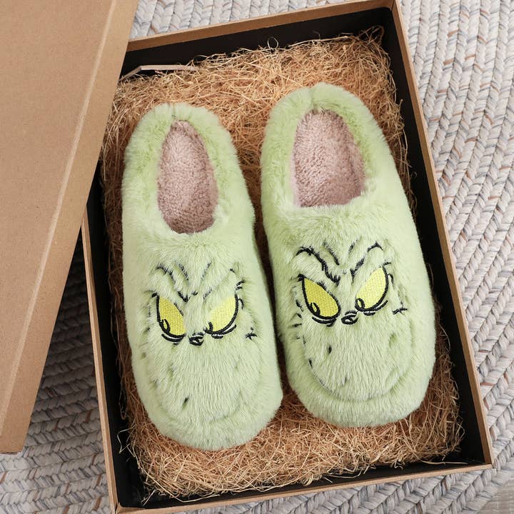 Green Christmas Grinch Plush Home Fuzzy Slippers for wholesale on Faire