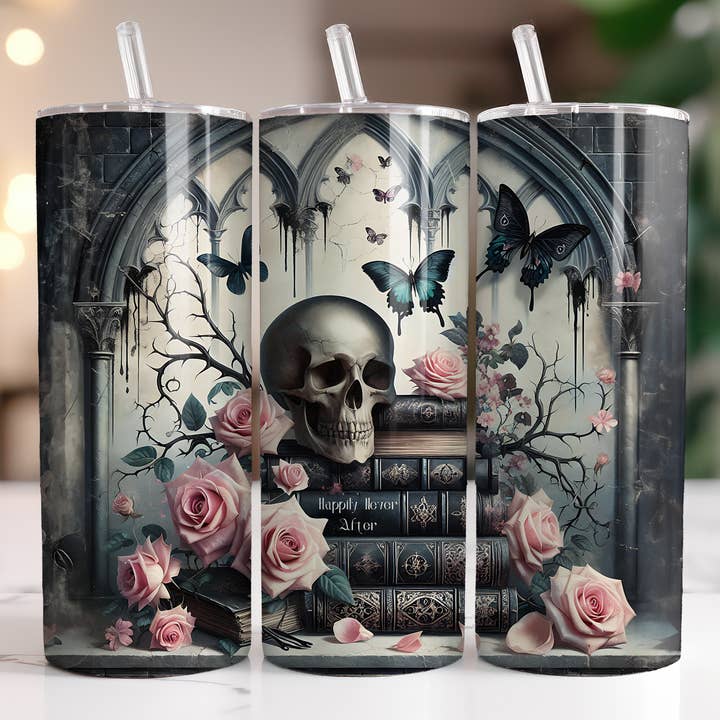 Goth Skull & Books 20oz Skinny Tumbler for wholesale by Dogwood Graphics & Design