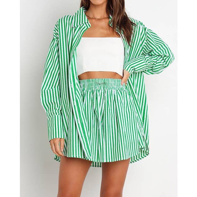 Mapcie - Wholesale Top & Pant Set (NOT Loungewear) - Women's - Striped Oversized Shirt and Drawstring Shorts Set10