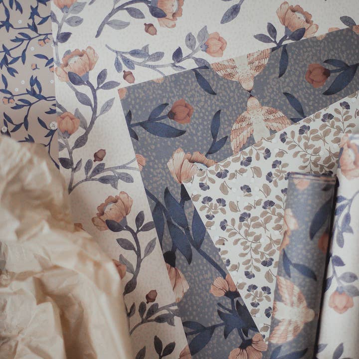 Mrs Mighetto - Wholesale Flat Wrap - Wrapping & Craft Paper 4-pack Blue Florals