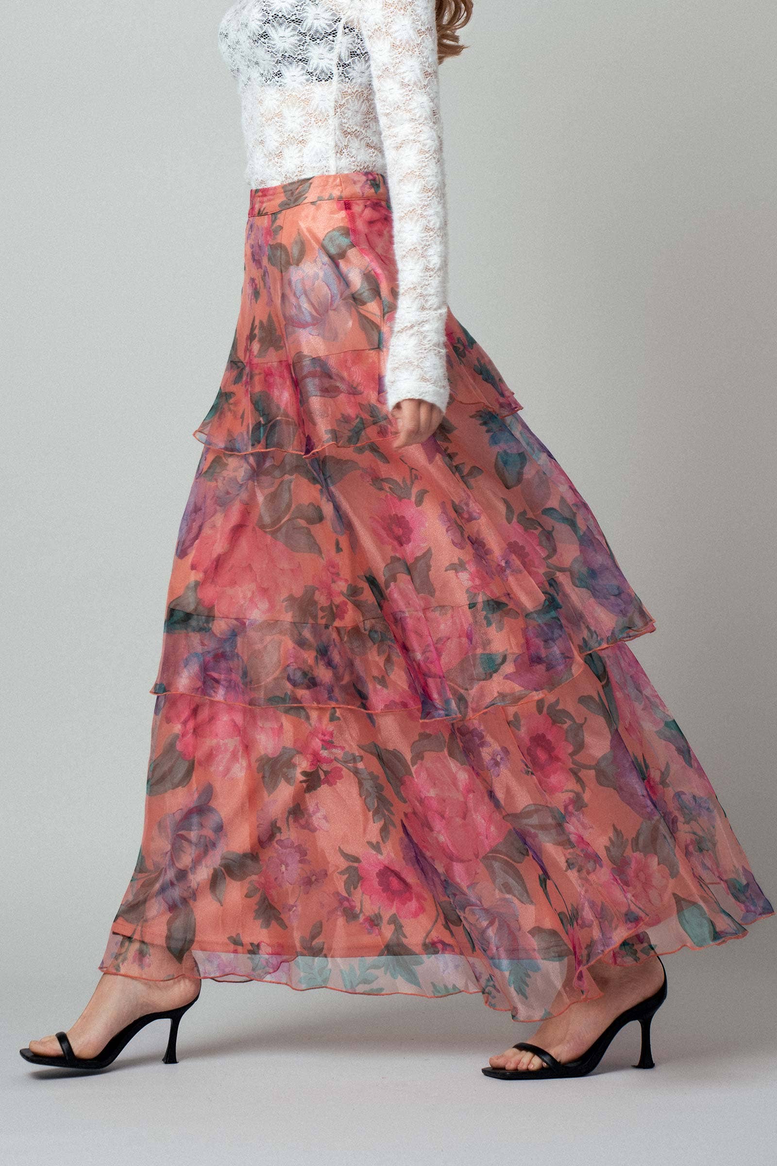 PEACH MULTI Sheer Floral Print Tiered Organza Maxi Skirt for wholesale on Faire3