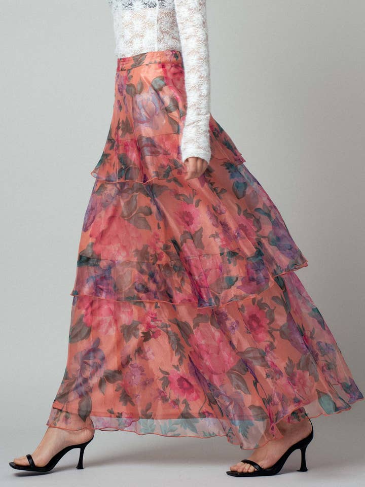 PEACH MULTI Sheer Floral Print Tiered Organza Maxi Skirt for wholesale on Faire3