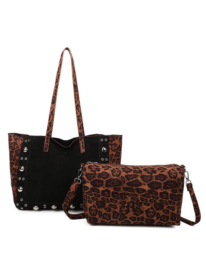 Stylish Leopard Print Studded Tote Crossbody Bag Set for wholesale by Ellas Trading