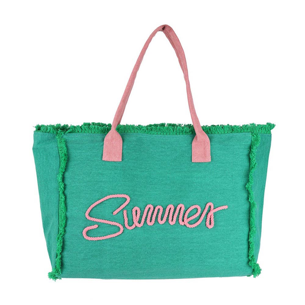 Sensibling Corp. - Venta al por mayor Bolsa de asa- Mujer - Bolso de playa de lona con flecos y mensaje bordado SUMMER14