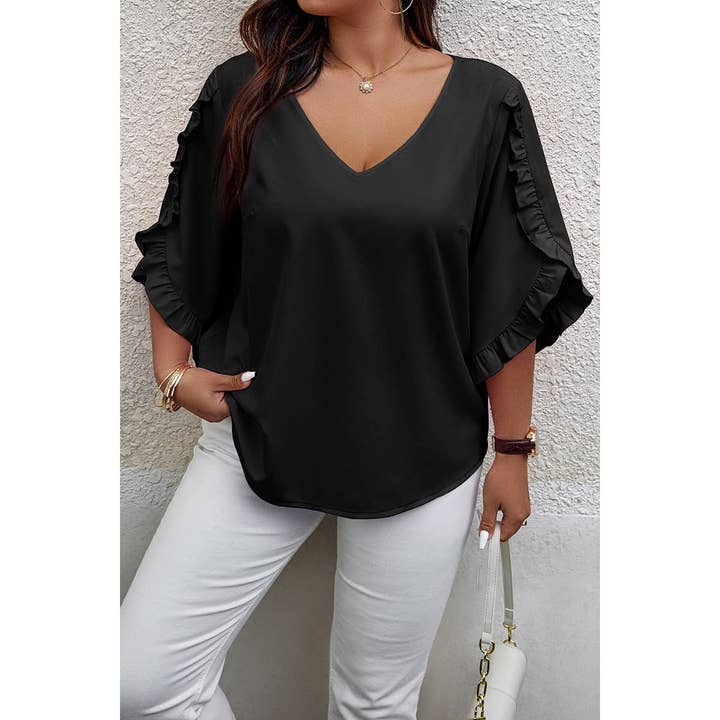 FUCHSIA Solid Plus V Neck Ruffle Trim Petal Sleeve Blouse for wholesale on Faire10