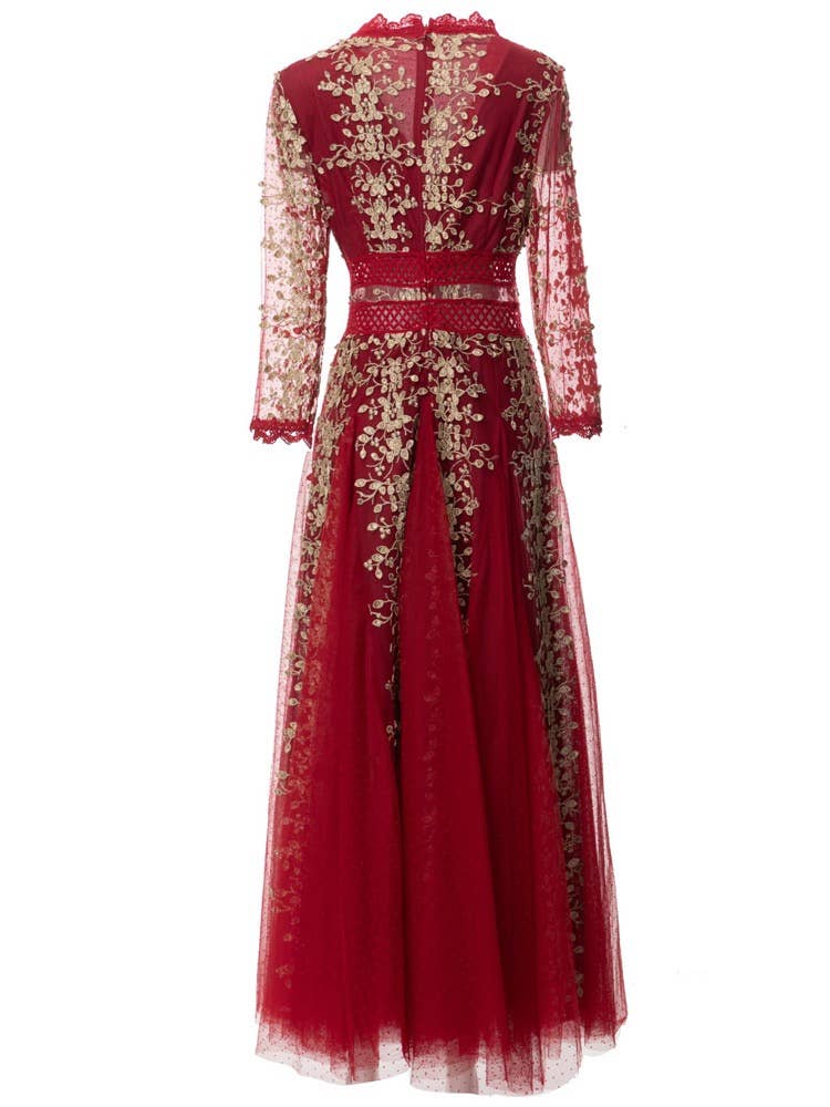 Productseeker – wholesale Gown – Women's – DR816L V-Neck Mesh Dress with Handmade Floral Embroidery5