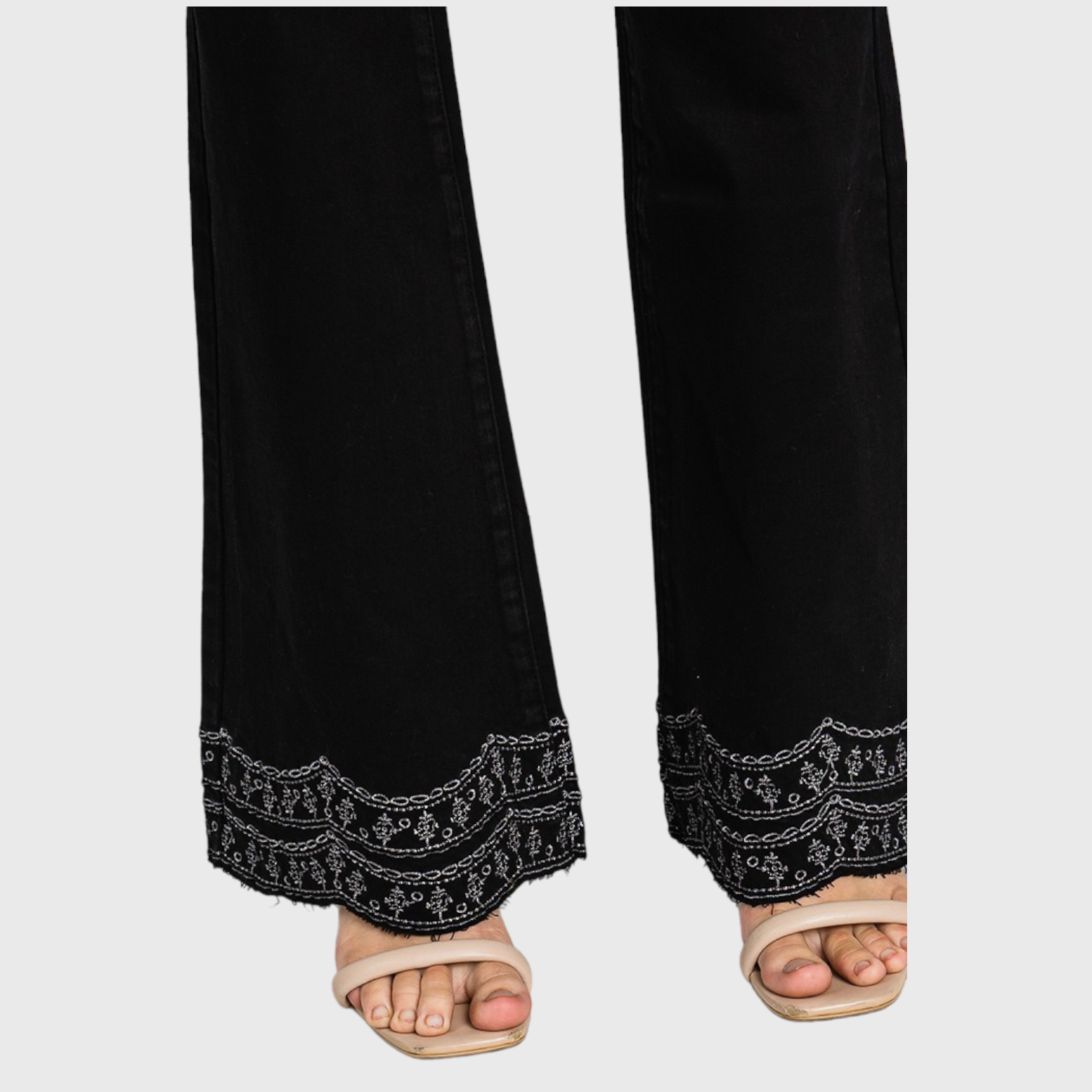 Petra153 - Wholesale Jeans - Women's - P716MF-BLK MID RISE STRETCH FLARE W/ EMBROIDERY RAW EDGE HEM11