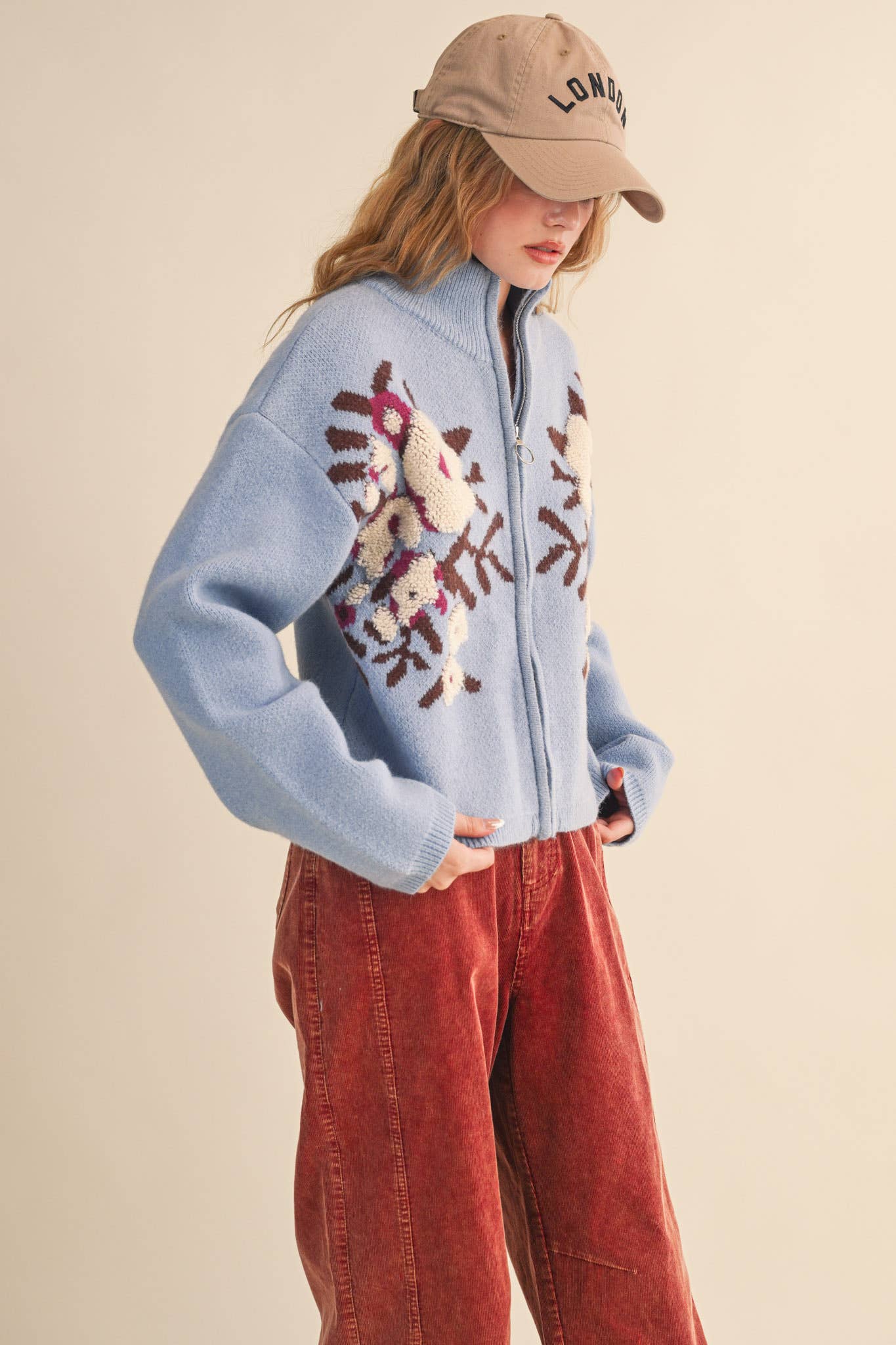 &MERCI - Wholesale Cardigan - Women's - FLORAL ZIP UP SWEATER CARDIGAN MSW1118844