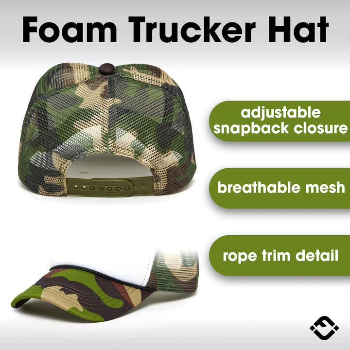 Funky Junque - Vente Casquette de camionneur – unisexe - Casquette de camionneur Snapback en mousse - Blanc/Camo3