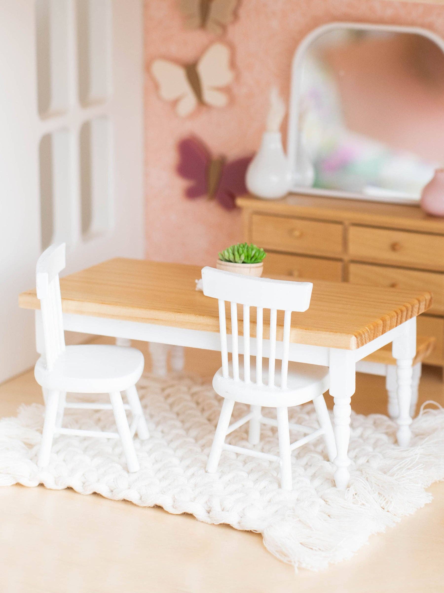 Macy Mae Dollhouse Designs - Wholesale Doll - Kids - Dollhouse Farm Style Dining Table | Natural Wood & White3