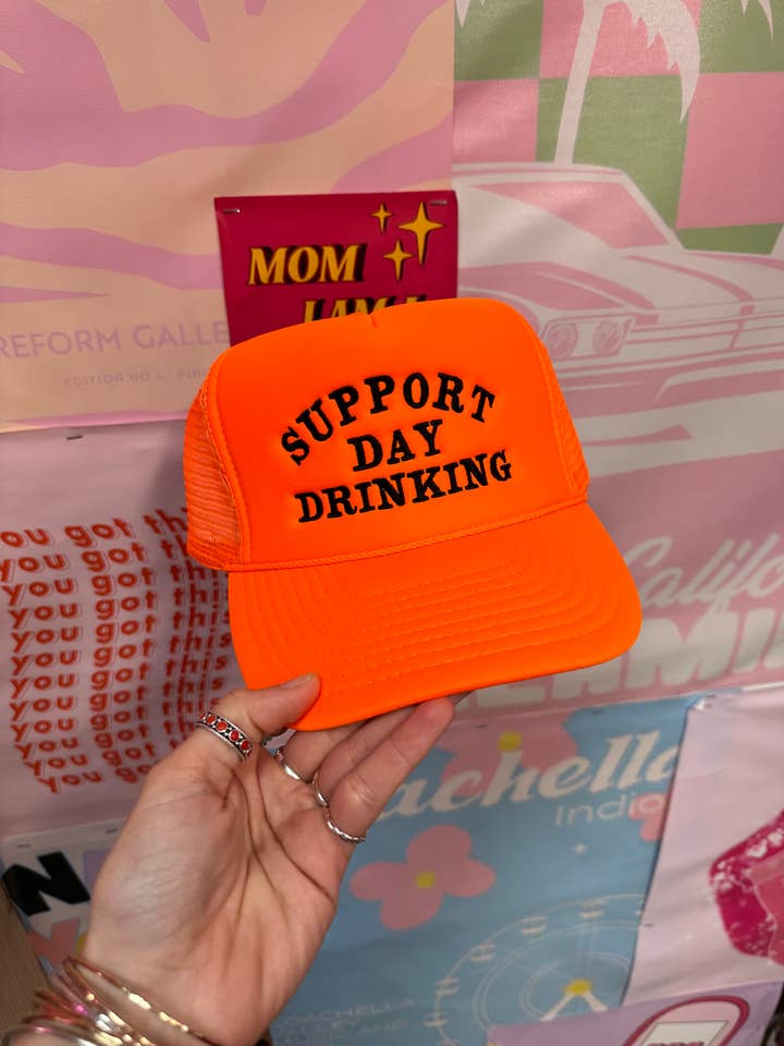 Support Day Drinking Trucker Hat Neon Orange for wholesale by Happy Hour
