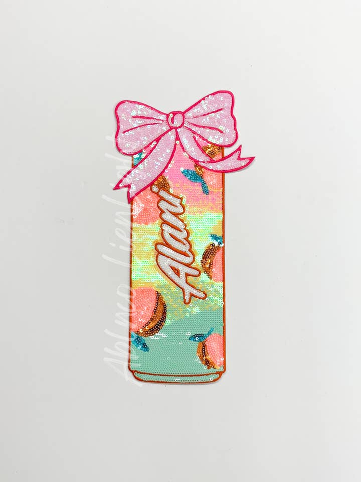 Large Alani Peach Energy Drink Sequin Patch for wholesale by ABLNco