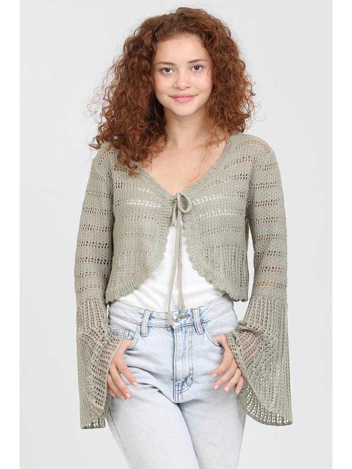 ANGIE - Wholesale Knit Sweater - Women's - XHQ87-ASIS FLARE SLEEVE TIE FRONT CROP CROCHET CARDIGAN