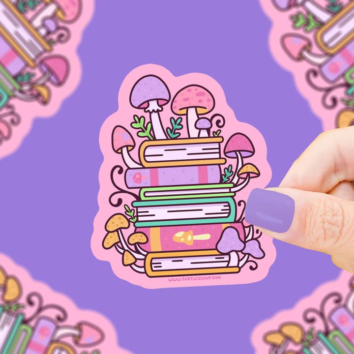 Mushroom Stacked Books Vinyl Sticker for wholesale by Turtle's Soup