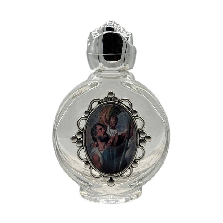 Holy Water Bottle - St. Christopher Encased w/ Rose Top 2.5" for wholesale by Oremus Mercy