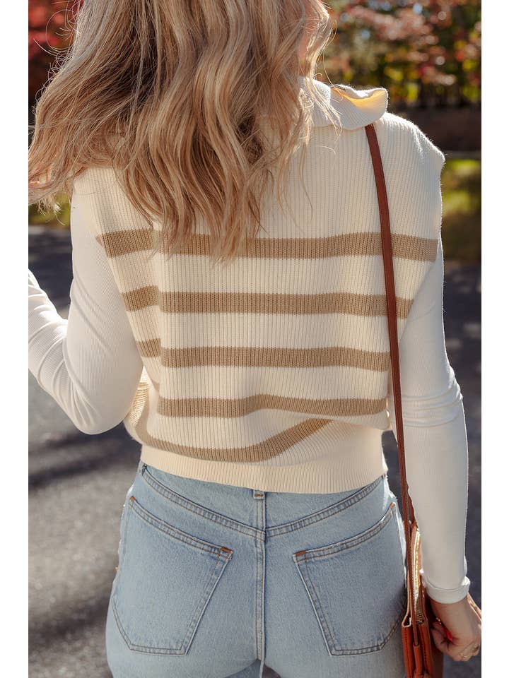 Khaki Stripe Ribbed Half Zip Collared Sweater Vest for wholesale on Faire3