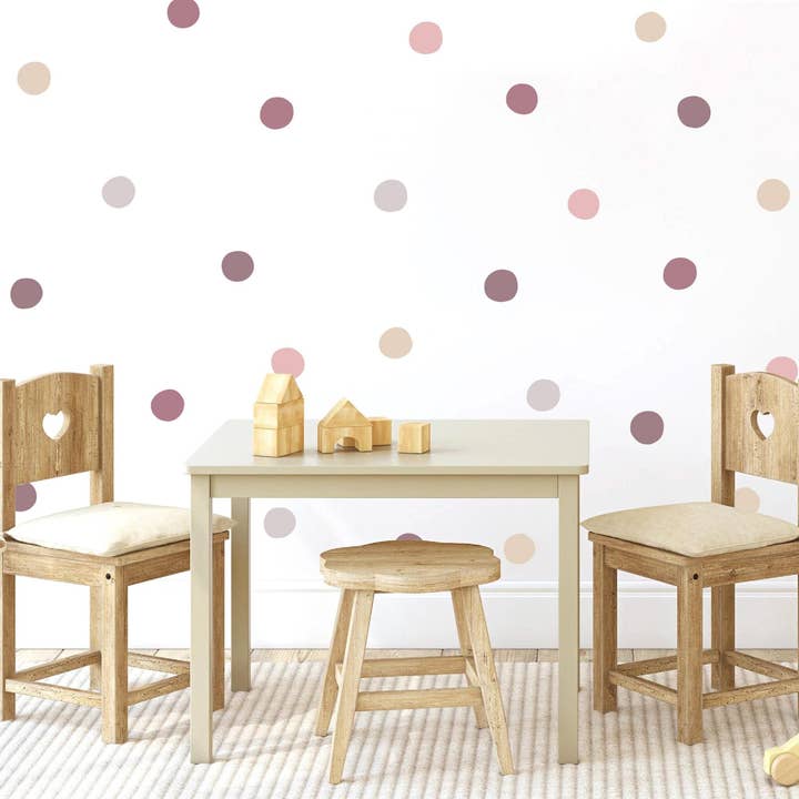 Lot de 90 autocollants muraux à pois irréguliers pour chambre de bébé, 2 pouces, 5 cm, stickers muraux pour chambre d'enfants, rose crépusculaire, mauve, neutre, brun orangé pour la vente par Decals Online