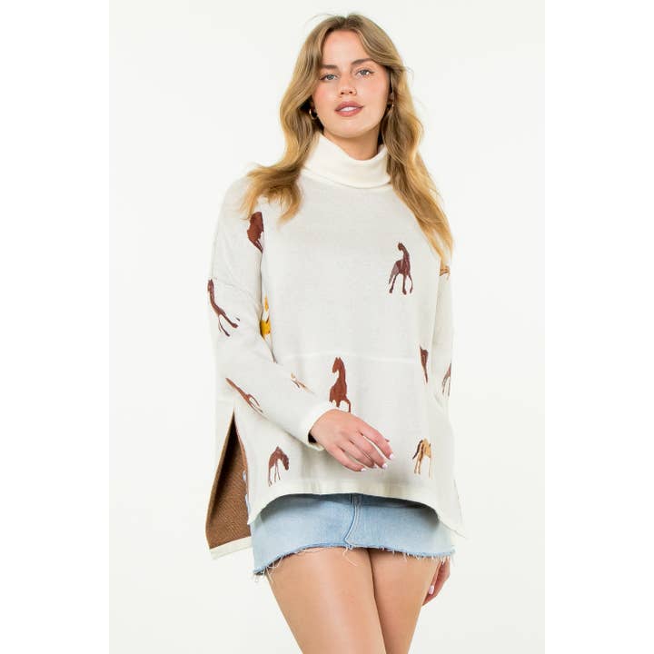 THML - Wholesale Knit Sweater - Women's - Turtleneck Horse Print Sweater