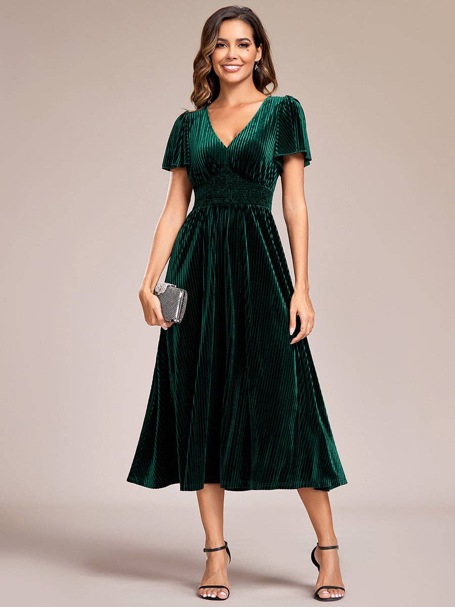 Ever-Pretty – wholesale Dress – Women's – V-Neck Tea Length Velvet Wedding Guest Dress29