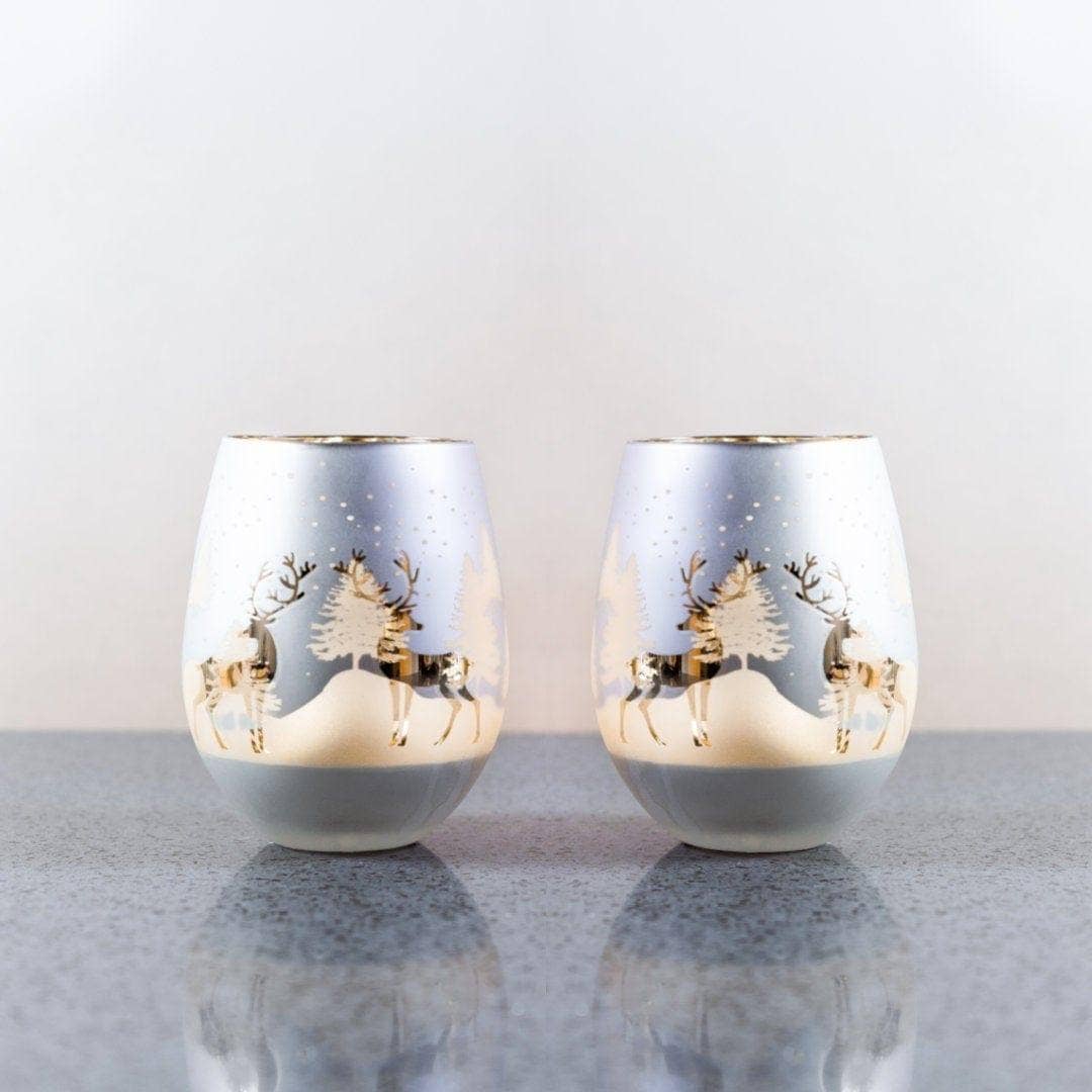 Jersey Art Glass - Wholesale Wine Glass - Gold & Silver Deer Stemless Glasses (Set/2)5