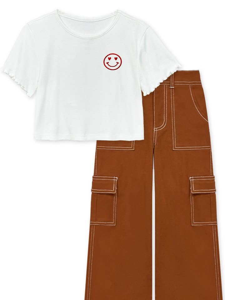 Conjunto de 2 piezas para niña GKSS-Y24-3601B Top y Pantalón con Cara Feliz Emb para venta al por mayor de Cutie Patootie Clothing