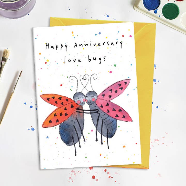 Tarjeta de aniversario de bichos enamorados - Tarjeta de felicitación para venta al por mayor de Dandelion Stationery