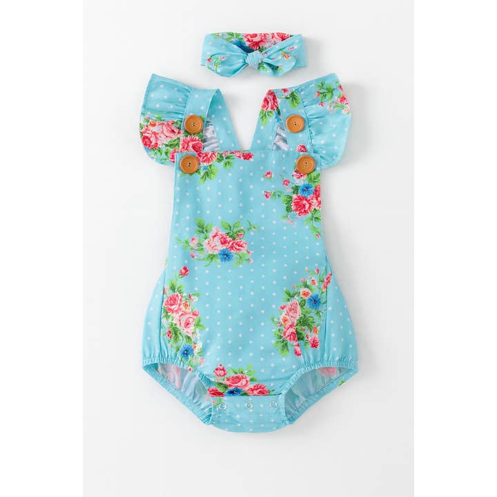 Blå blommigt tryck Volanglös Rygglös Baby Romper för wholesale av Fennco Styles