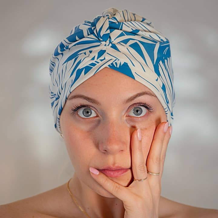 Blue Palms Towelling Lined Drying Turban for wholesale by Dilly Daydream