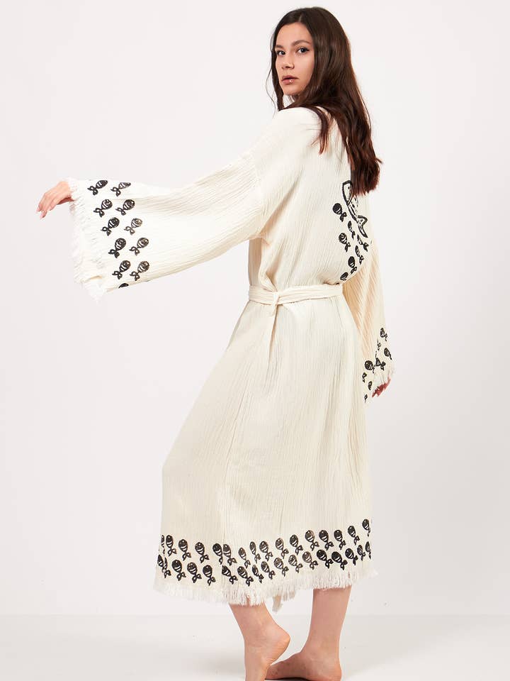 Abito kimono in cotone biologico turco con motivo a pesci per la vendita all'ingrosso da parte di Yaz Concepts