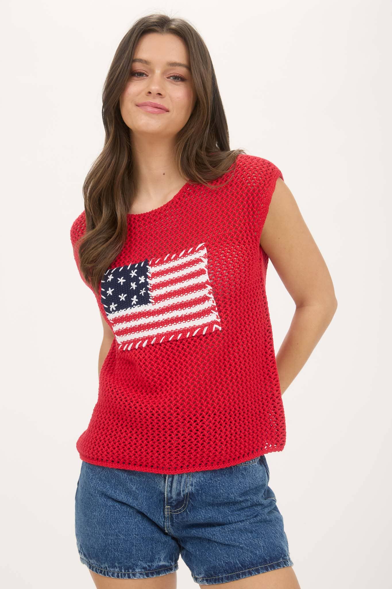 Blu Pepper - Wholesale Knit Sweater - Women's - AMERICAN FLAG CROCHET KNIT SWEATER TOP21