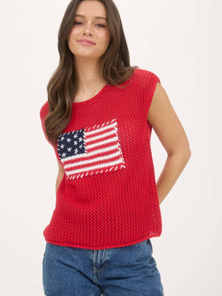 Blu Pepper - Wholesale Knit Sweater - Women's - AMERICAN FLAG CROCHET KNIT SWEATER TOP21