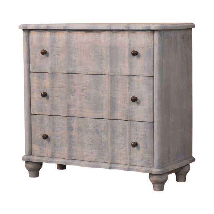 Commode à pieds courbés en bois massif, gris, 3 tiroirs pour la vente par Artisan Furniture