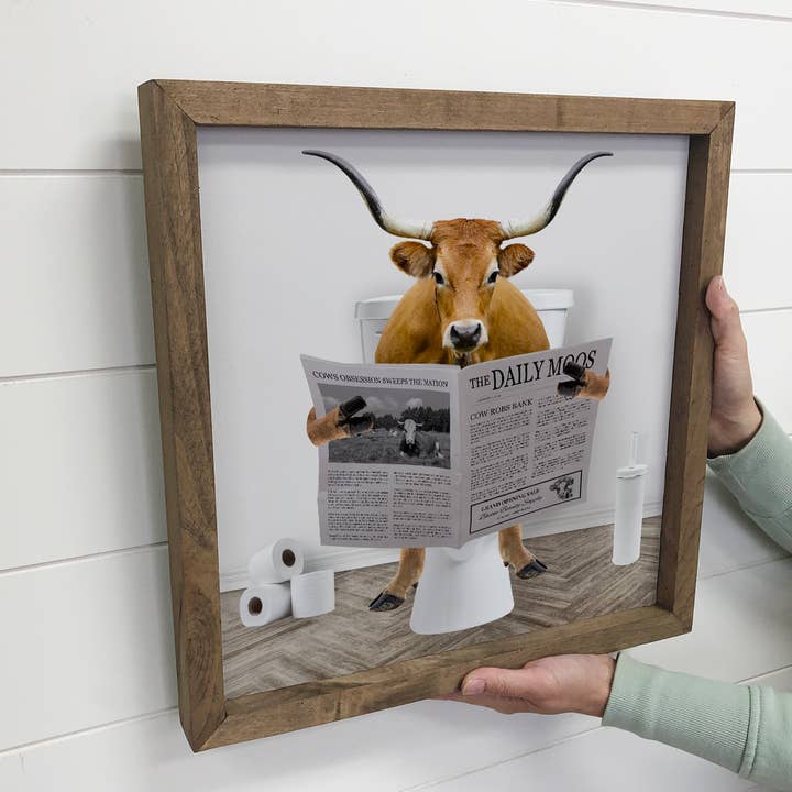 Hangout Home - Wholesale Bathroom Sign - Longhorn Cow on Toilet Farmhouse Sign - Funny Bathroom Art2
